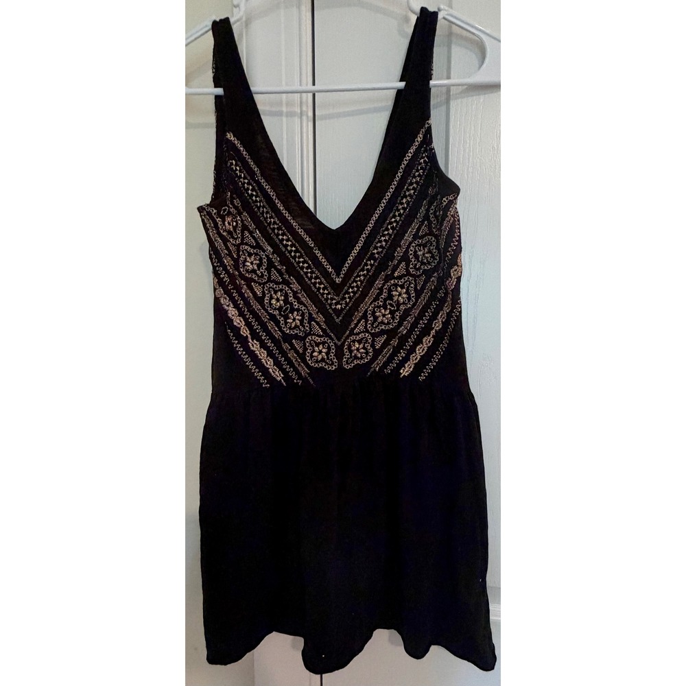 Ecote Urban Outfitters Black Embroidered Boho V-Neck Mini‎ Dress XS